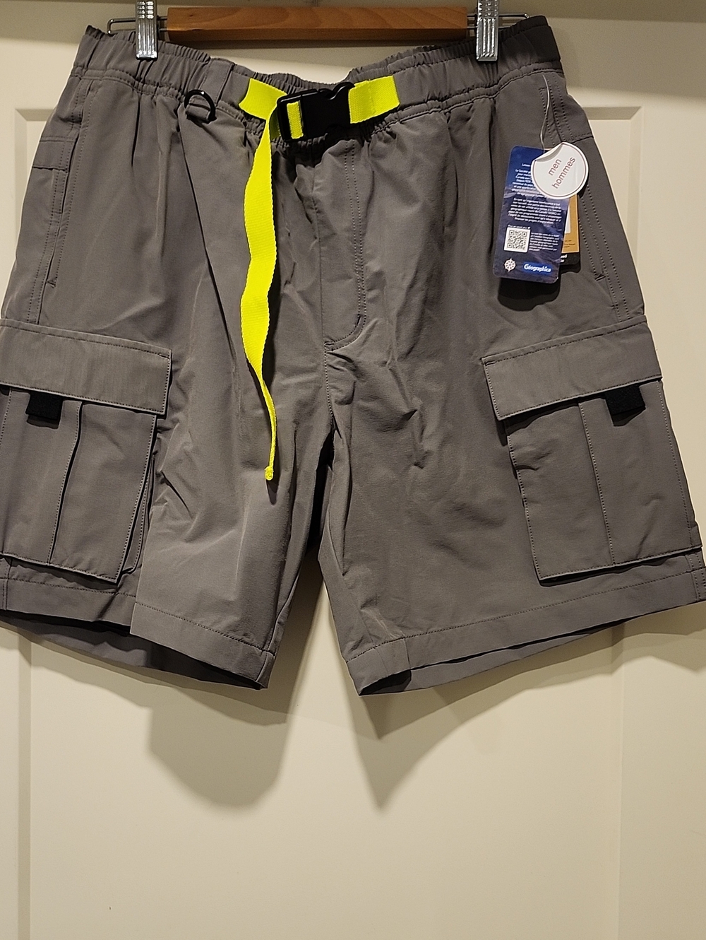 Men's Gray Cargo Shorts with Neon Yellow Web Belt